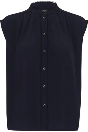 INWEAR Blouses & Shirts, Dames, Blauw, XL, Marineblauwe Top met Mandarin Kraag