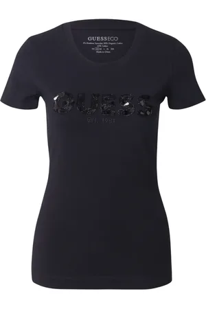 Guess Tops, Dames, Blauw, XS, Katoen, Paillet Logo T-shirt Ronde Hals Korte Mouw
