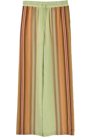 Paul Smith Broeken, Dames, Veelkleurig, M, Polyester, Zijden Gestreepte Wijde Pijp Broek Groen