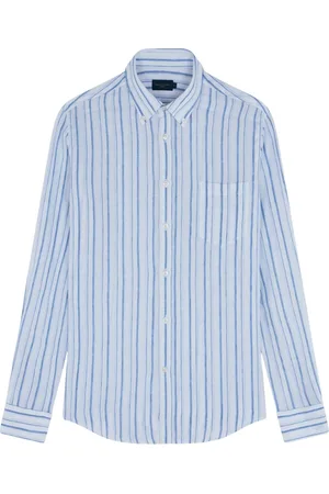 Paul & Shark Overhemden, Heren, Blauw, L, Linnen, Linnen knoopsluiting overhemd