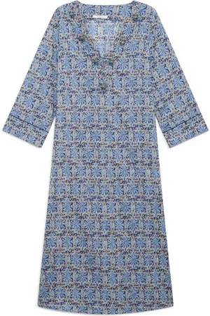 Maliparmi Kleedjes, Dames, Blauw, S, Katoen, Batik Katoenen Jurk Blauw Beige Bruin