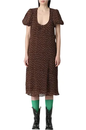 Ganni Kleedjes, Dames, Bruin, S, Bruine Geplooide Midi Jurk