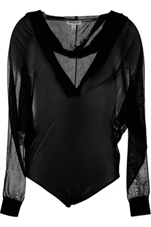 Alaïa Tops, Dames, Zwart, S, Oversized Bodysuit met Transparante Capuchon