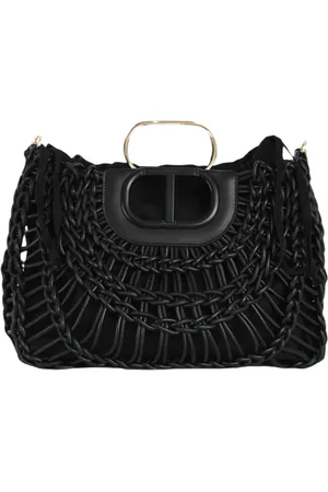 Twin-Set Tassen, Dames, Zwart, ONE Size, Katoen, Geweven shopper tas met ovaal handvat