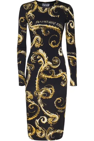 VERSACE Kleedjes, Dames, Veelkleurig, S, Barok Print Zwarte Jurk Lange Mouwen