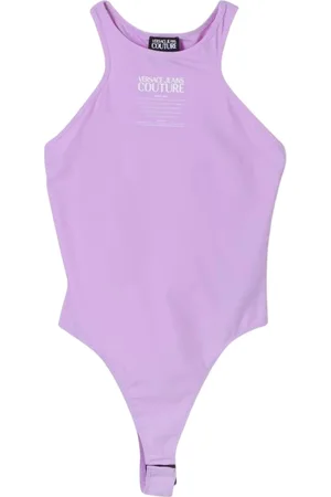 VERSACE Tops, Dames, Paars, 2Xs, Paarse Mouwloze Bodysuit