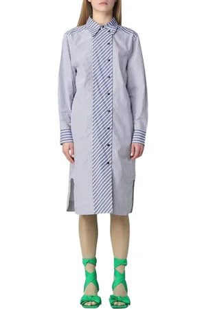 Ganni Kleedjes, Dames, Blauw, XS, Katoen, Elegante Gestreepte Midi Overhemdjurk