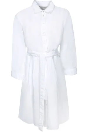 120% Lino Kleedjes, Dames, Wit, XS, Linnen, Linnen Mini Jurk met Overhemdkraag