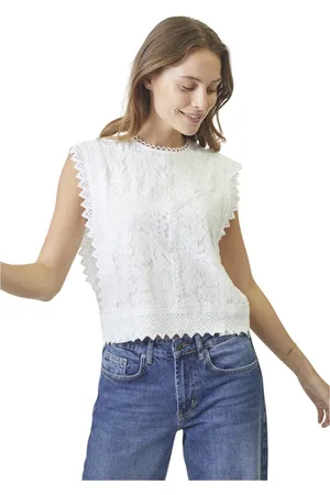 Co`Couture Tops, Dames, Wit, XS, Katoen, Kanten top met geborduurde details