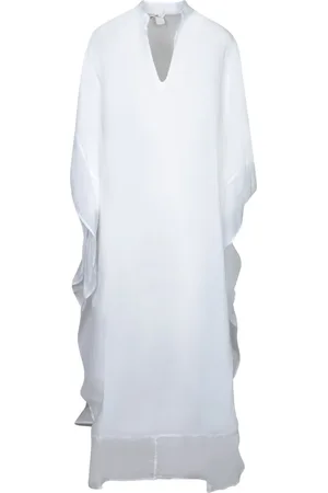 120% Lino Kleedjes, Dames, Wit, L, Linnen, Witte Linnen Kaftan Jurk
