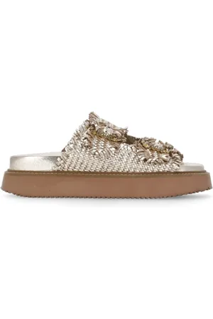 Coral Blue Schoenen, Dames, Geel, 37 EU, Gouden geweven leren sandalen met juweelgespen