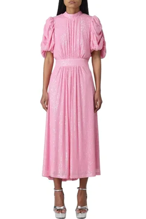 ROTATE Kleedjes, Dames, Roze, S, Pailletten, Roze Sequin Midi Jurk Pofmouwen