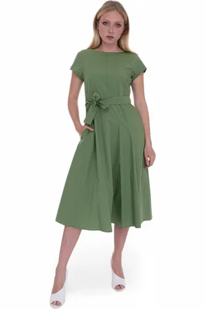 Max Mara Kleedjes, Dames, Groen, S, Katoen, Wijdvallende Midi Jurk met Taille