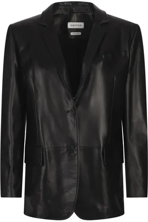 Alexander McQueen Jassen, Dames, Zwart, M, Zwarte leren enkele rij jas