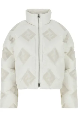 Fendi Jassen, Dames, Wit, M, Polyester, Witte Monogram Donsjack Hoge Hals