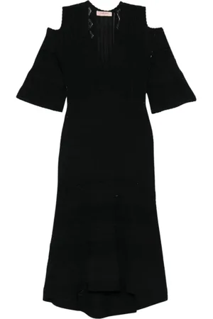 Twin-Set Kleedjes, Dames, Zwart, L, Geometrische Gebreide Midi Jurk