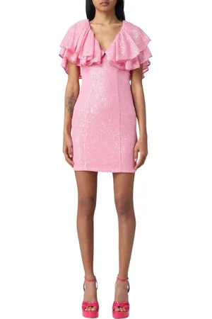 ROTATE Kleedjes, Dames, Roze, XS, Pailletten, Roze Pailletten Mini Jurk met Ruches