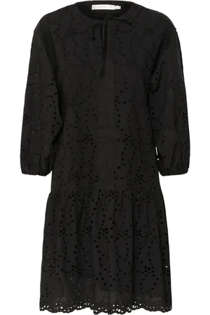 INWEAR Kleedjes, Dames, Zwart, S, Katoen, Zwarte Geborduurde Jurk met Volantzoom