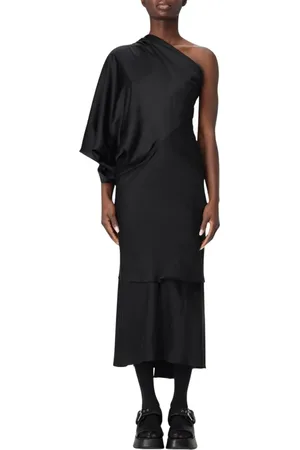 Rick Owens Kleedjes, Dames, Zwart, S, Satijn, Zwarte Satijnen One-Shoulder Midi Jurk