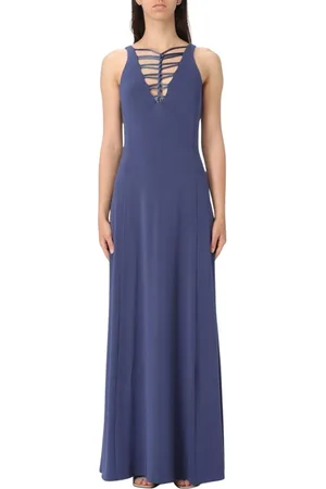 Emporio Armani Kleedjes, Dames, Blauw, XS, Polyester, Blauwe Maxi Jurk met Lace Up Halslijn
