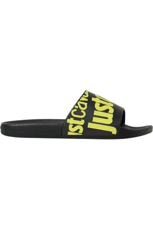 Roberto Cavalli Schoenen, Heren, Geel, 39 EU, Zwarte Logo Slides Sandalen
