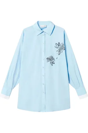Twin-Set Blouses & Shirts, Dames, Blauw, L, Katoen, Lichtblauwe Bloemrijke Geborduurde Katoenen Overhemd