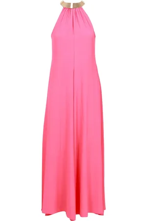 SIMONA CORSELLINI Kleedjes, Dames, Rood, M, Koraalrode Zijden Jurk Choker Stijl
