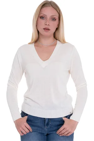 Peuterey Truien, Dames, Wit, XL, Ribgebreide V-hals Trui met Logo
