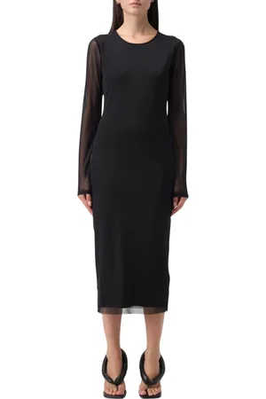 Patrizia Pepe Kleedjes, Dames, Zwart, L, Elegante Mesh Mouwen Sheath Jurk