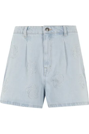 ROTATE Korte broeken, Dames, Blauw, W27, Denim, Denim Studs Shorts met Rozen Strass