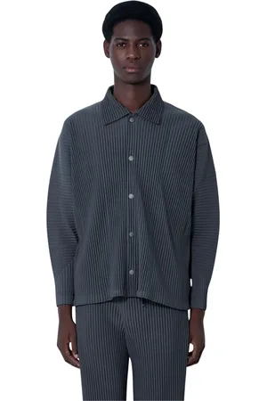 Issey Miyake Jassen, Heren, Grijs, L, Polyester, Geplooide Jas Klassieke Kraag Knoopsluiting