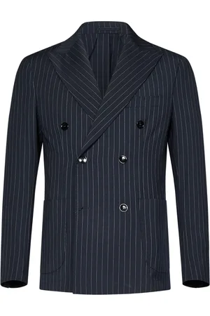 MICHAEL COAL Jassen, Heren, Blauw, L, Wol, Blauw Gestreept Dubbelrijige Wollen Jas