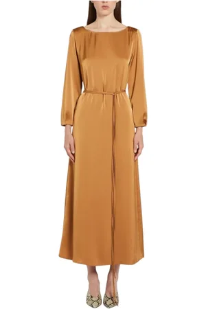 MARELLA Kleedjes, Dames, Oranje, M, Satijn, Bruine Satijnen Jurk met Riem