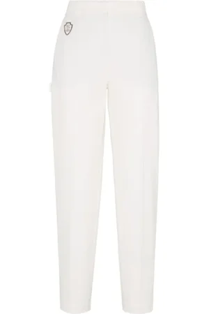 Brunello Cucinelli Broeken, Dames, Wit, S, Katoen, Witte Tailored Broek met Logo Patch
