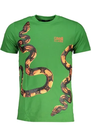 Roberto Cavalli Tops, Heren, Groen, L, Katoen, Groen Katoenen Bedrukt Logo T-Shirt