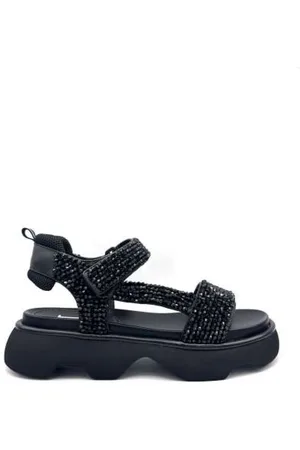 Jeannot Schoenen, Dames, Zwart, 40 EU, Zwarte sandalen met kralen en klittenbandsluiting