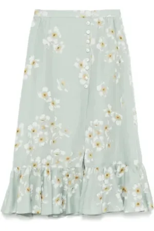 VALENTINO Rokken, Dames, Groen, S, Satijn, Bloemenprint Midi Rok met Split