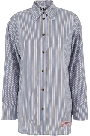 Ganni Blouses & Shirts, Dames, Veelkleurig, S, Gestreept Logo Patch Shirt Vrouw