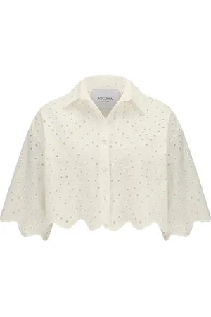 Nicowa Blouses & Shirts, Dames, Wit, XL, Katoen, Bloemig Cropped Shirt Finaliwo