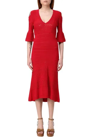 Twin-Set Kleedjes, Dames, Rood, S, Rode Kant Detail Midi Jurk