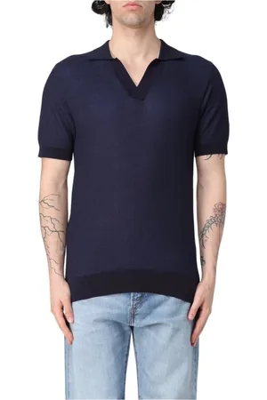 Paolo Pecora Tops, Heren, Blauw, L, Katoen, Luxe Zijde Katoen Bowling Kraag Polo