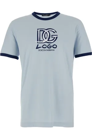 Dolce & Gabbana Tops, Heren, Blauw, XL, Katoen, Blauw Logo Print Crewneck T-Shirt