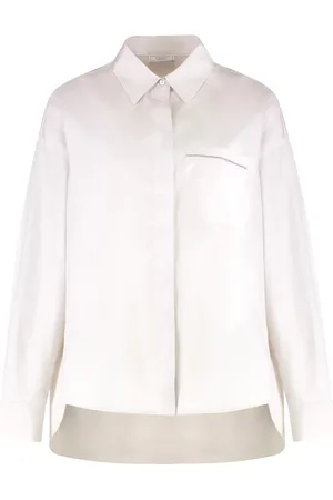 PESERICO SIGN Blouses & Shirts, Dames, Wit, S, Katoen, Oversized Shirt met Asymmetrische Zoom en Borduursel