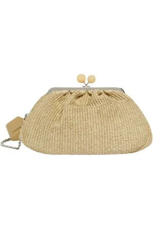 Max Mara Tassen, Dames, Geel, ONE Size, Leer, Gouden Raffia-effect Schoudertas