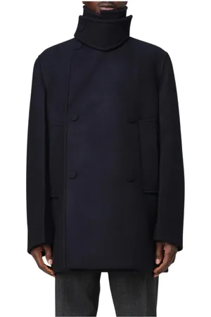 Jil Sander Mantels, Heren, Blauw, L, Wol, Blauwe Wol Dubbelrijige Jas