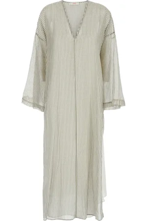 Jucca Kleedjes, Dames, Groen, XS, Katoen, Gestreepte V-hals Caftan Jurk