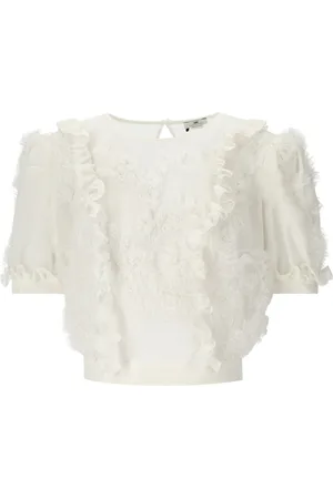 Elisabetta Franchi Blouses & Shirts, Dames, , L, Polyester, Ivoor Gerimpelde Top met Bloemenkralen