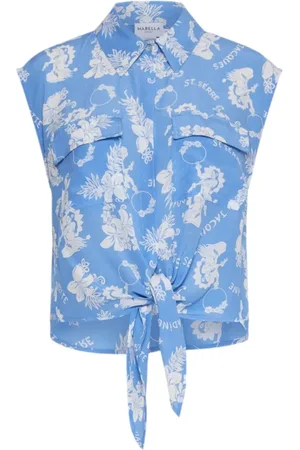 MARELLA Blouses & Shirts, Dames, Blauw, XS, Korte Mouw Bedrukte Zijden Blouse