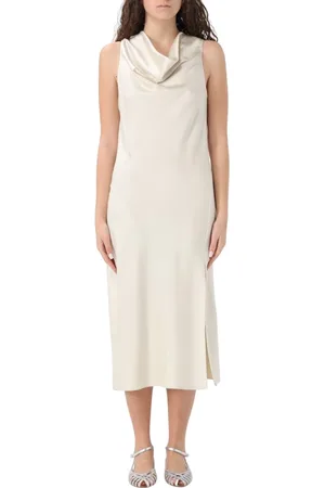 Patrizia Pepe Kleedjes, Dames, , S, Elegante Ivory V-Hals Midi Jurk