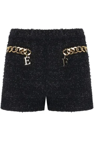Elisabetta Franchi Korte broeken, Dames, Zwart, S, Tweed, Zwarte Tweed Shorts met Kettingdetail